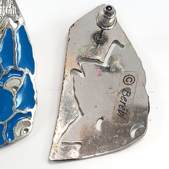 Vintage Blue Enamel Silver Geometric Earrings Bold 80s Statement Jewelry - Picture 7 of 10